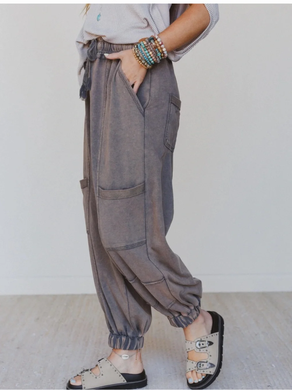 Three Bird Nest Washed Brown Jogger Cargo Pants - Picture 5 of 10